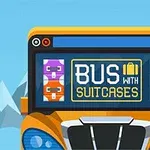 Oranžový autobus s nápisem BUS WITH SUITCASES na čelní straně, v pozadí jsou hory