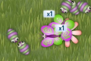 Fialový motýl a růžovo-zelené housenky na trávě