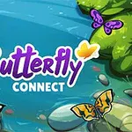 Název Butterfly Connect na pozadí potoka s několika barevnými motýly a zelenými listy