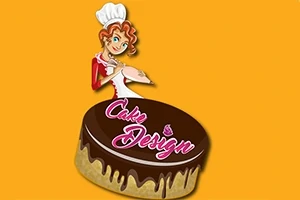 Žena v kuchařské čepici zdobící dort s nápisem Cake Design na žlutém pozadí