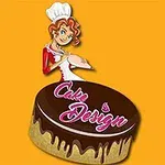 Žena v kuchařské čepici zdobící dort s nápisem Cake Design na žlutém pozadí