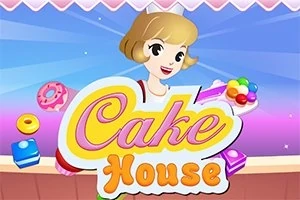Text Cake House s usměvavou dívkou v pozadí, držící pestrobarevné sladkosti