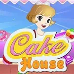 Text Cake House s usměvavou dívkou v pozadí, držící pestrobarevné sladkosti