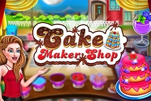 Animovaná scéna s dortem, ženou ukazující na ceduli Cake Maker Shop a barevným pozadím s pohárem na nápoje