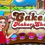 Animovaná scéna s dortem, ženou ukazující na ceduli Cake Maker Shop a barevným pozadím s pohárem na nápoje
