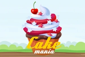 Barevný cupcake s krémem ozdobeným červenými a bílými hvězdami a třešní navrchu, za ním je modrá obloha a zelená krajina