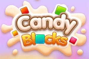 Název Candy Blocks s barevnými kostkami a sladkým designem na pastelově fialovém pozadí