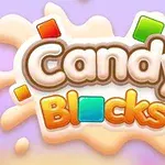Název Candy Blocks s barevnými kostkami a sladkým designem na pastelově fialovém pozadí