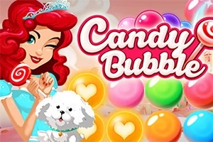 Žena s červenými vlasy drží lízátko vedle bílého psa, obklopeni barevnými bublinami a nápisem Candy Bubble