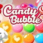 Žena s červenými vlasy drží lízátko vedle bílého psa, obklopeni barevnými bublinami a nápisem Candy Bubble
