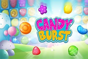 Barevná grafika s nápisem Candy Burst obklopená různobarevnými sladkostmi a bonbóny na světlém pozadí