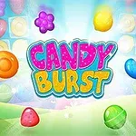 Barevná grafika s nápisem Candy Burst obklopená různobarevnými sladkostmi a bonbóny na světlém pozadí