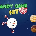 Usmívající se sněhulák s cukrovými holemi obklopený cukrovinkami a hlavou Santa Clause na tmavě modrém pozadí s nápisem Candy Cane Hit