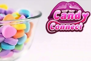 Barevné bonbony v misce vedle fialového loga s nápisem Candy Connect