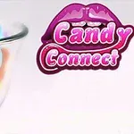 Barevné bonbony v misce vedle fialového loga s nápisem Candy Connect