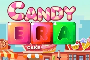 Nápis CANDY ERA v pastelových barvách s cukrovinkovými a cukrářskými motivy na pozadí města