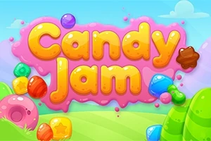 Barevné sladkosti a nápis Candy Jam na růžovém pozadí s modrou oblohou a zelenou krajinou