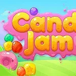 Barevné sladkosti a nápis Candy Jam na růžovém pozadí s modrou oblohou a zelenou krajinou