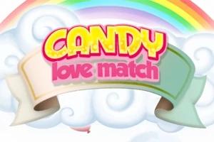 Barevný nápis CANDY love match s duhou a obláčky v pozadí