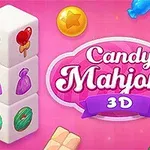 Barevné kostky s obrázky sladkostí na růžovém pozadí s nápisem Candy Mahjong 3D