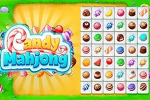 Barevná herní obrazovka s logem Candy Mahjong a polem plným různých obrázků sladkostí, umístěná na zeleném pozadí