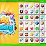 Barevná herní obrazovka s logem Candy Mahjong a polem plným různých obrázků sladkostí, umístěná na zeleném pozadí
