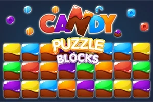 Barevné bloky cukroví a bonbóny s nápisem CANDY PUZZLE BLOCKS