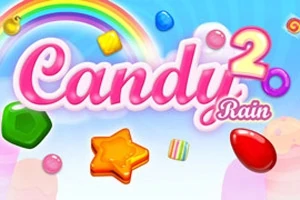 Barevná grafika s nápisem Candy Rain 2, duhou a různými barevnými sladkostmi na modrém pozadí