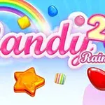 Barevná grafika s nápisem Candy Rain 2, duhou a různými barevnými sladkostmi na modrém pozadí