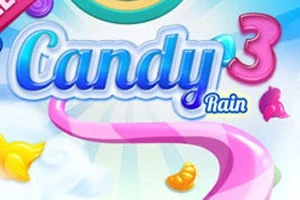 Barevný nápis Candy Rain 3 na pozadí s křivkami cukrovinek a pastelových barev