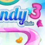 Barevný nápis Candy Rain 3 na pozadí s křivkami cukrovinek a pastelových barev