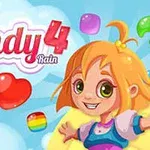 Dívka s oranžovými vlasy a velkýma očima obklopená barevnými bonbóny na modrém pozadí s obláčky