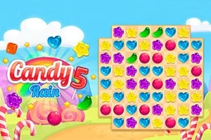 Barevné bonbóny různých tvarů a barev na světlém pozadí s nápisem „Candy 5 Rain“