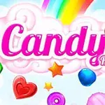 Barevné cukrovinky, duha a nápis Candy Rain s motýlkem na pozadí modré oblohy s mraky