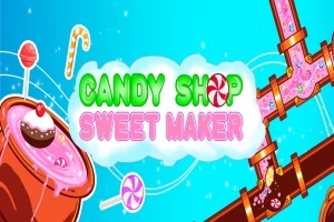 Barevná grafika s motivem výroby cukrovinek, obsahující potrubí s tekoucí polevou, lízátka a nápisy CANDY SHOP a SWEET MAKER