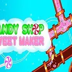 Barevná grafika s motivem výroby cukrovinek, obsahující potrubí s tekoucí polevou, lízátka a nápisy CANDY SHOP a SWEET MAKER