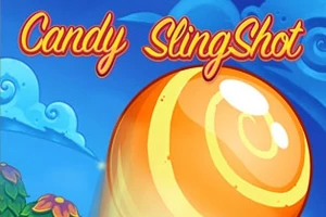 Velká oranžová lízátka s bílými pruhy na modrém pozadí s nápisem Candy SlingShot