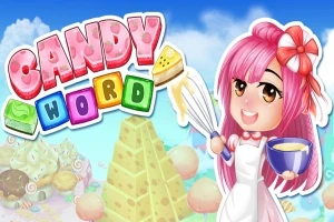 Růžovovlasá postava s červenou mašlí držící mísu a šlehač vedle nápisu CANDY WORD s cukrovinkami a sýrovou horou v pozadí