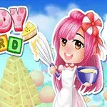 Růžovovlasá postava s červenou mašlí držící mísu a šlehač vedle nápisu CANDY WORD s cukrovinkami a sýrovou horou v pozadí