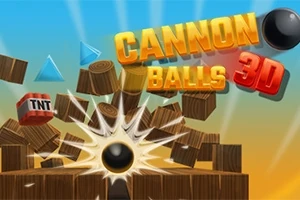 Kanonová koule proráží stěnu z dřevěných bloků s nápisem Cannon Balls 3D v popředí