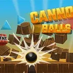 Kanonová koule proráží stěnu z dřevěných bloků s nápisem Cannon Balls 3D v popředí