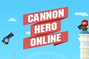 Dva kreslení hrdinové s děly stojí naproti sobě na modrém pozadí s nápisem Cannon Hero Online