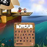 Pirátská loď se dvěma postavami na prkně nad mořem a tabulkou s hádankou a abecedou v popředí