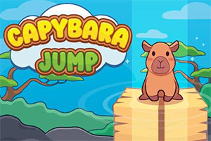 Ilustrovaná kapybara sedí na dřevěné plošině u vody pod barevným nápisem „Capybara Jump