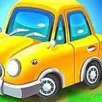 Žluté kreslené autíčko na zeleném trávníku s modrým pozadím