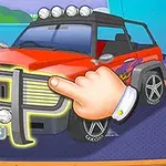 Červené auto s terénními úpravami a velkým předním nárazníkem, na který ukazuje ruka