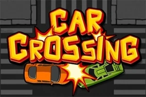 Dva auta srážející se pod nápisem Car Crossing na šedém pozadí s přechody pro chodce