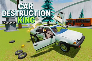 Poškozené bílé auto s otevřenými dveřmi na trávě, v pozadí autobus, jeřáb a nápis „Car Destruction King