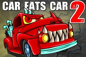 Červené auto s hrozivými zuby a výraznými žlutými světlomety na mapovém pozadí s nápisem Car Eats Car 2