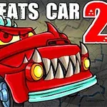 Červené auto s hrozivými zuby a výraznými žlutými světlomety na mapovém pozadí s nápisem Car Eats Car 2